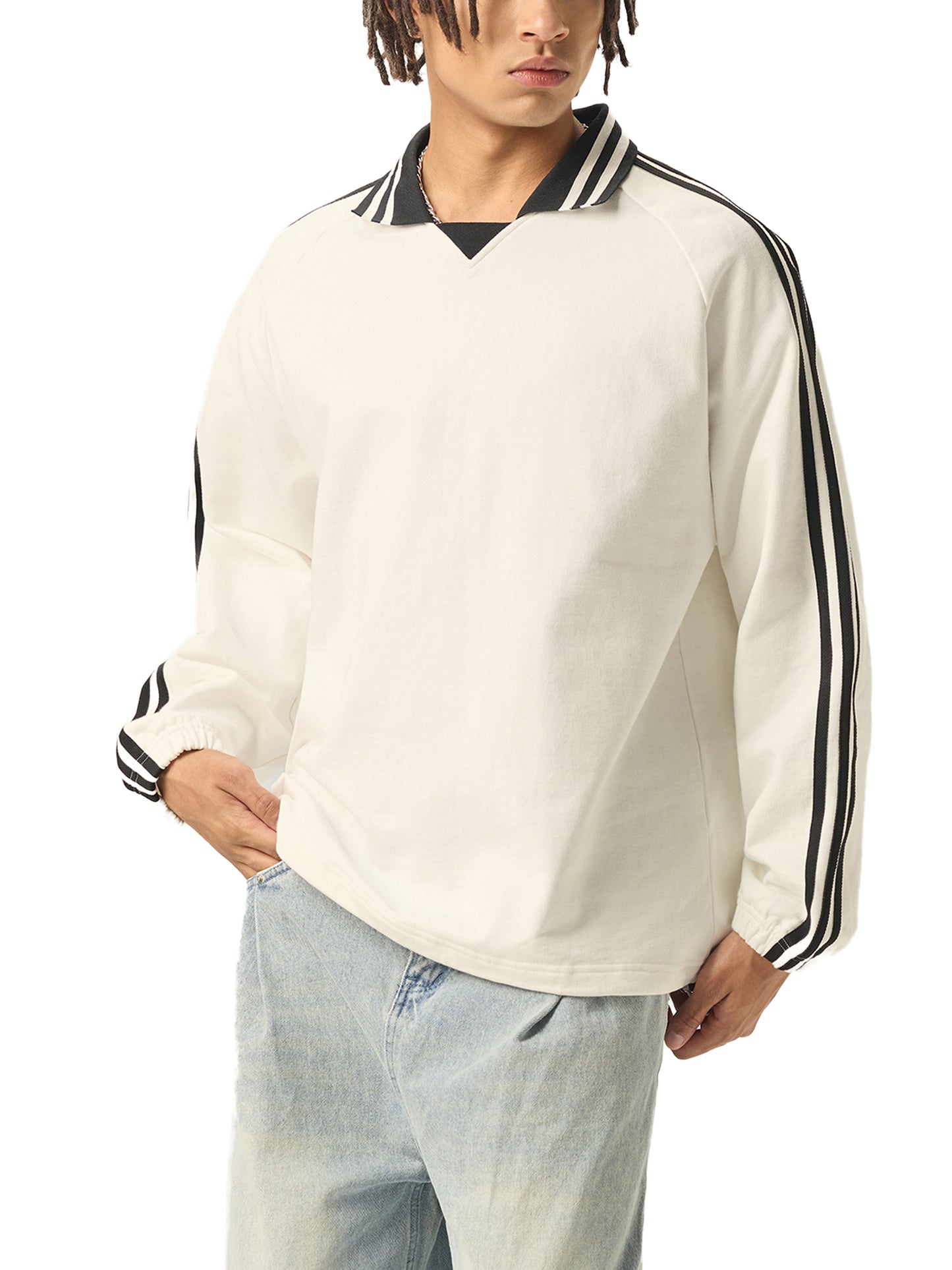 Aes Avera Contrast Striped Lapel Collar Sweatshirt