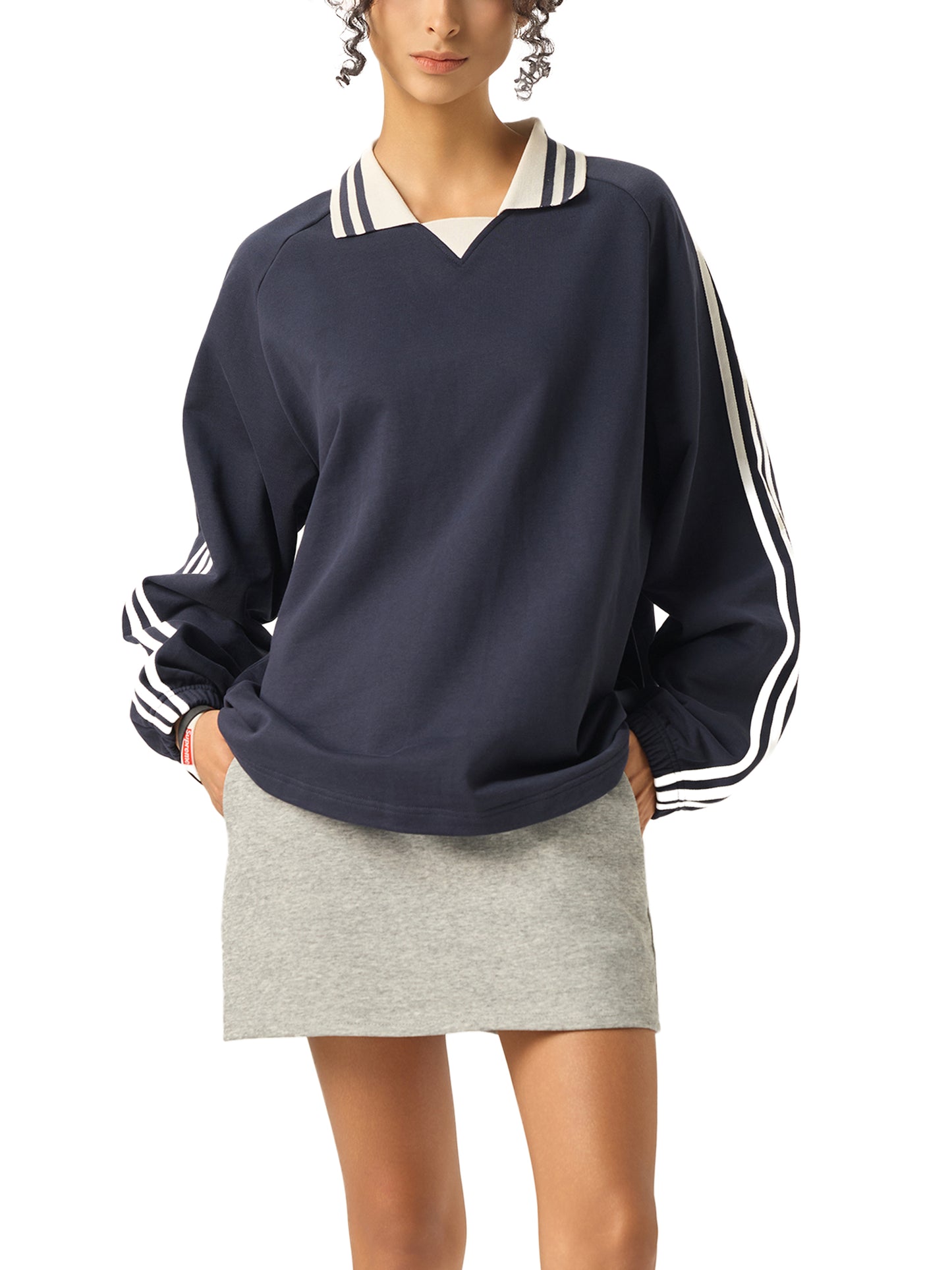 Aes Avera Contrast Striped Lapel Collar Sweatshirt