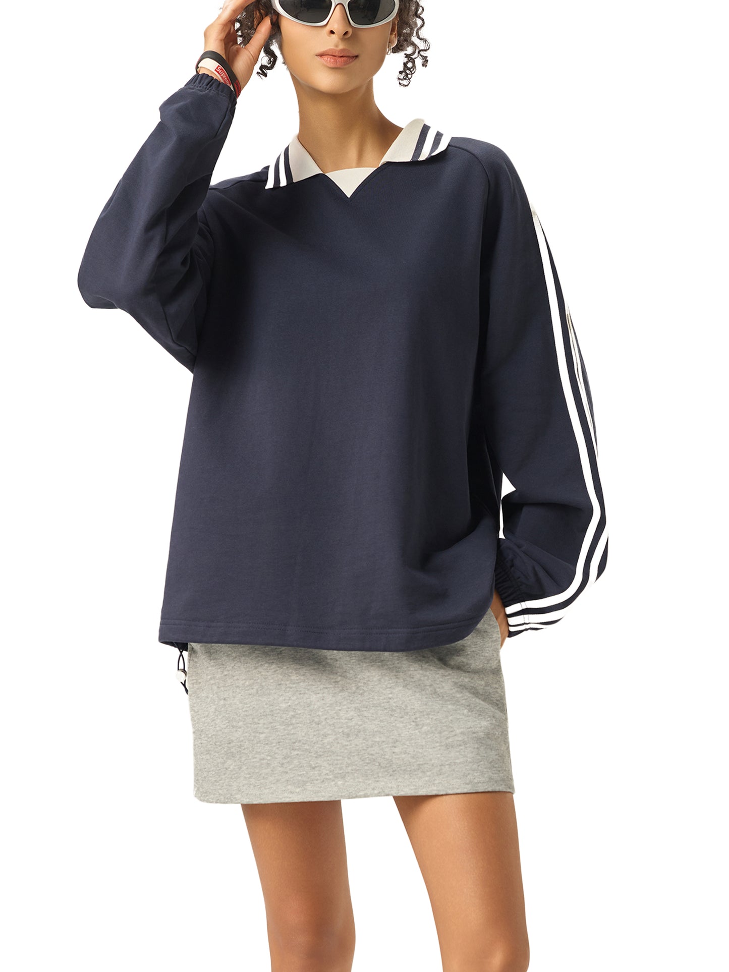 Aes Avera Contrast Striped Lapel Collar Sweatshirt