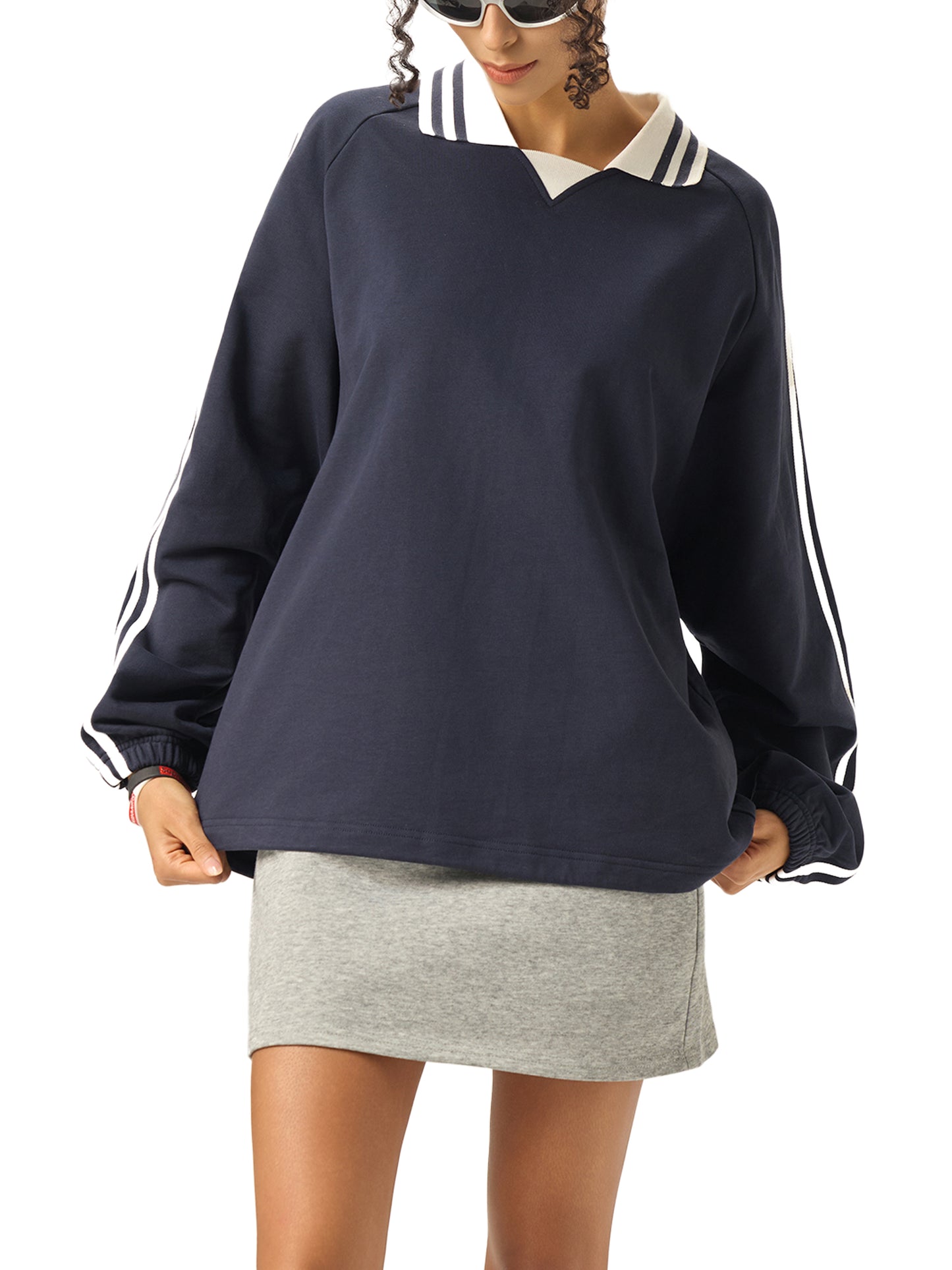 Aes Avera Contrast Striped Lapel Collar Sweatshirt