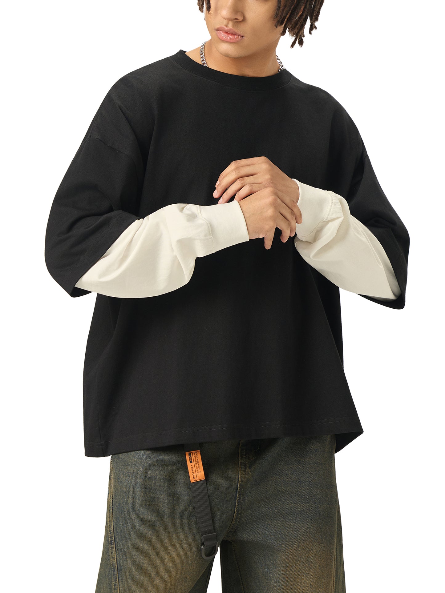 Aes Avera Layered Contrast Sleeve Cotton T-Shirt