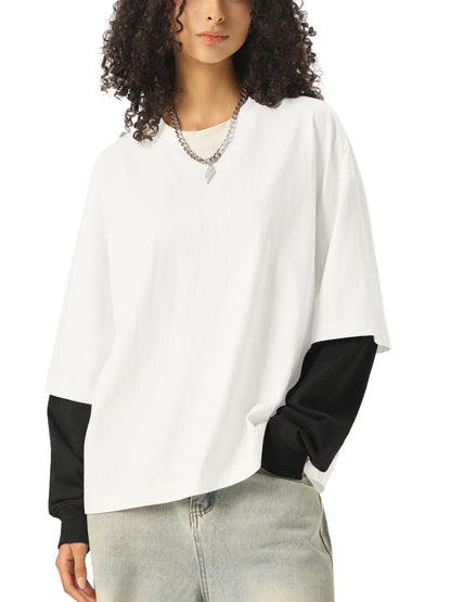 Aes Avera Layered Contrast Sleeve Cotton T-Shirt