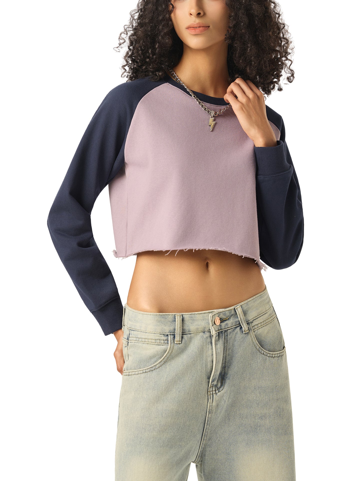 Aes Avera Raw-Hem Color-Block Raglan Crop Sweatshirt
